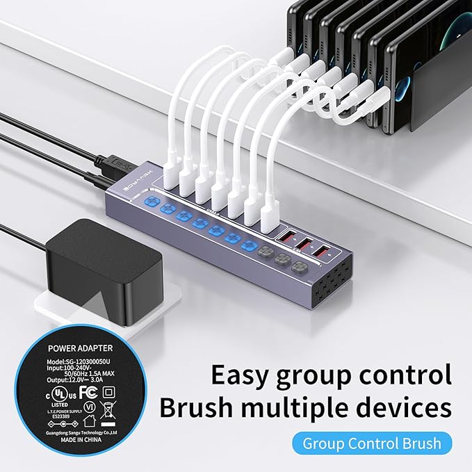 Powered USB 3.0 Hub 10-Port USB Hub Splitter with Individual Switches and Indicators 7 USB 3.0 Data Transfer Ports 3 2.4A Smart Charging Ports + 12V3A UL Listed Power Adapter