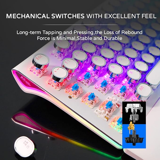 RK ROYAL KLUDGE S108 Typewriter Mechanical Keyboard Full RGB Gaming Keyboard Wired PC Game Keyboards with Detachable Wrist Rest and Number Pad Retro Round Keycaps Brown Switch White