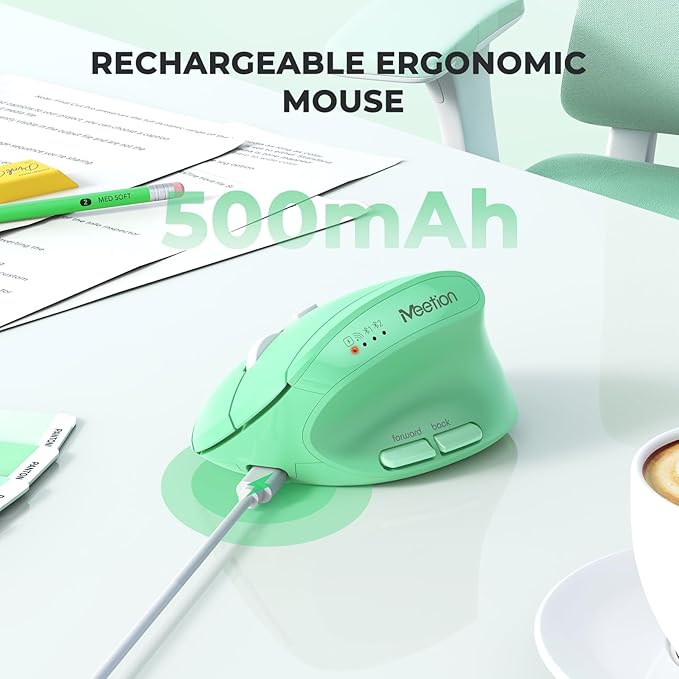 MEETION Ergonomic Wireless Mouse Bluetooth Vertical Rechargeable Mice 4 Adjustable DPI 800-2400 Bluetooth 5.2+5.2+USB Mouse for Windows/Mac for Laptop/PC/Desktop/Computer/iPad -Green