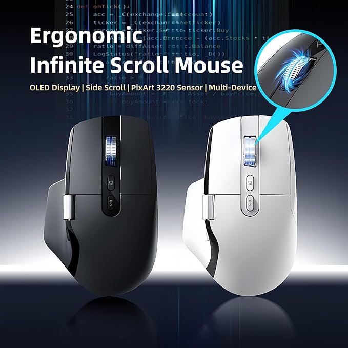 Ergonomic Wireless Mouse with Infinite Scroll &amp Side Scroll PixArt 3220 Sensor Bluetooth &amp 2.4G Rechargeable Office Mouse Multi-Connection OLED Display 700mAh Battery for Laptop PC Mac