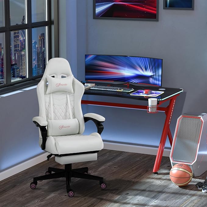Gaming Chair Ergonomic PU Leather Office Chair High Back Swivel Recliner with Footrest Lumbar Support Adjustable Height 360° Rotation (White)