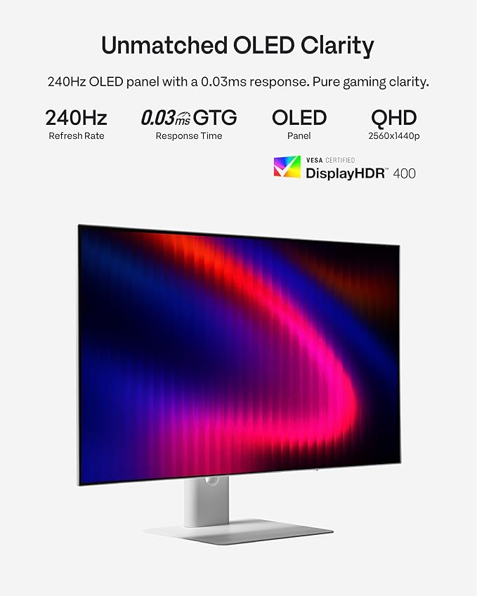 Pixio PX277 OLED Max V2 White 27 inch 240Hz Refresh Rate QHD Wide 1440p Resolution WOLED Display 0.03ms GTG Response Time Adaptive Sync KVM Switch Gaming Monitor