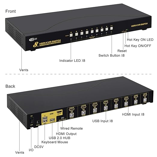 CKLau 4Kx2K 8 Port HDMI KVM Switch with Cables and USB 2.0 Hub Rack Mount KVM Switch Supports Keyboard Mouse Switching for Windows Linux Mac Debian Ubuntu Fedora Raspberry Pi and Ubuntu