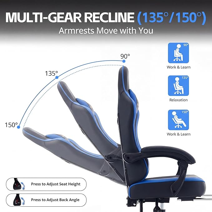 Desk Computer Gaming Chair - High Back Ergonomic Office Chair with Footrest and Lumbar Support Swivel Comfy Home Gamer Video Game Chairs with Pocket Spring Cushion for Adults (Blue Leather)