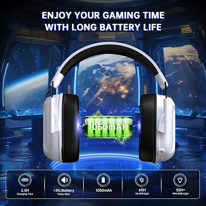 RYR Wireless Gaming Headset for Xbox Series X|S Xbox One PC PS5/4 Mac Mobile Switch 3D Surround Sound Bluetooth 5.3 60H Battery Gaming Headphones with Detachable Noise Canceling Mic-White