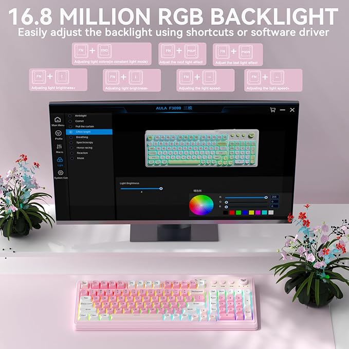 Aula F3099 Wireless Keyboard with Media Knob Tri-Mode BT5.0/2.4GHz/USB-C Cute Creamy Keyboard with Number Pad RGB Backlit Gaming Keyboard Quiet Typing Pink Computer Keyboards for Office Laptop/PC