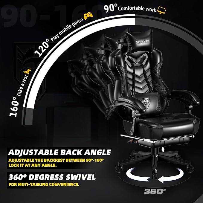 Vonesse Gaming Chair Big and Tall Office Chair with Footrest and Massage Gaming Chairs for Adults with Lumbar Support Ergonomic High Back Computer Desk Chair with Pocket Spring Cushion (Black)