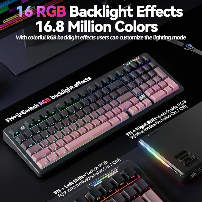 LINGBAO K98 - 96% Wireless Mechanical Keyboard Tri-Mode BT5.0/2.4GHz/USB-C Creamy Keyboard with Number Pad Gasket Hot Swappable Linear Switches RGB Backlit Gaming Keyboards for Win/Mac/PC (Pink)
