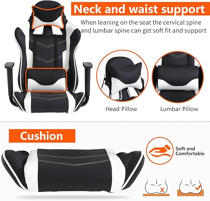 High Back PU Leather Gaming Chair with Headrest &amp Lumbar Support Height Adjustable Wide Seat Gamer Chair for Adults Game Chair with Footrest &amp Armrest