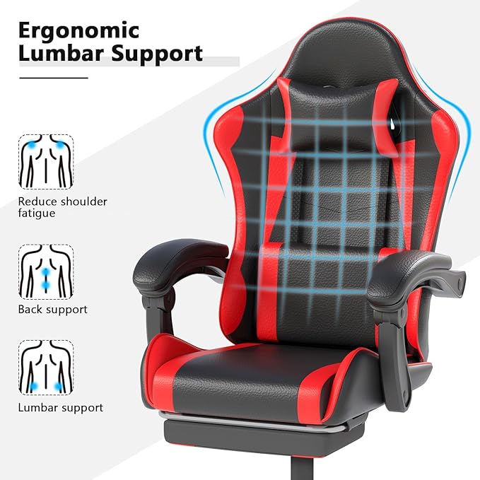 Gaming Chair with Headrest and Lumbar Support Ergonomic High Back Office Chair Racing Style Executive Computer Desk Chair Leather Adjustable Swivel Task Chair for Home Office (Red Black)