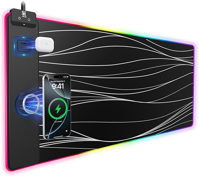 Mouse Pad with Magnetic Wireless Charging Large Desk Pad Protector RGB Black Mousepad Desk Mat with 15W Fast Charger 4mm Thick Non-Slip Waterproof Laptop Writing Pad for Office Home Gaming