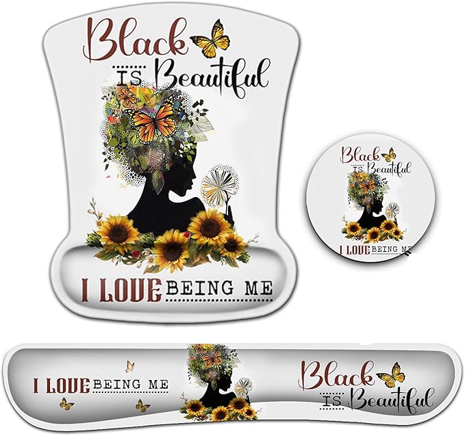White Mouse Pad with Stitched Edge Non-Slip Rubber Base Black Women Butterfly Faith Art and Sunflower Office Accessories Desk Decor for Computers with Wrist Guard and Keyboard Wrist Guard Set