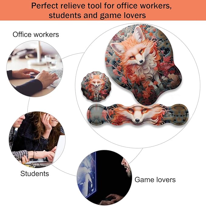 Ergonomic Keyboard Wrist Support Pad and Wrist Support Mouse Pad Anti-Slip with Gel Memory Mouse Pad Set Suitable for Office Use/Home Use - Fox