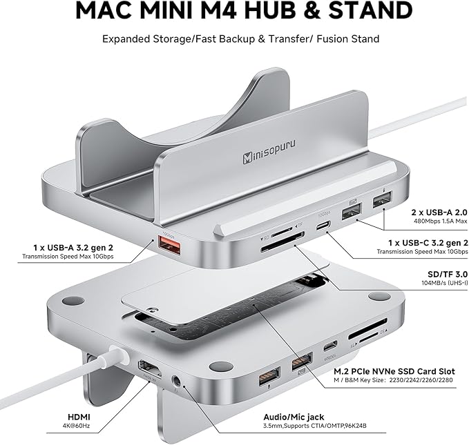 Minisopuru MINI218B MAX Mac mini M4 Dock with 4K@60 HDMI 8TB M.2 NVMe SSD Enclosure10Gbps USB C/A Mac mini M4 Hub TF&amp SD 2X USB A 2.0 Audio Aluminum Vertical Stand for Mac mini M4/M4 Pro 202