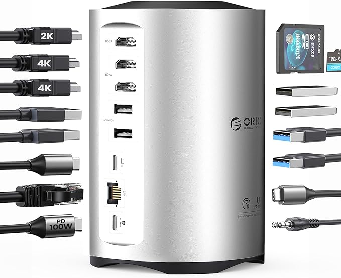 ORICO USB-C Triple Monitor Docking Station with 3 HDMI Ports 15-in-1 USB C Laptop Dock for MacBook Pro M1/M2/Windows 7 USB Ports Ethernet100W PD SD/TF Card Reader 3.5mm Audio (Silver)