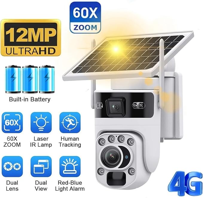 4K 60X Optical Zoom 4G Solar Camera Dual Screen Outdoor WiFi PTZ PIR Detection Human Auto Tracking CCTV Cameras(White 60X 4G 128GB)