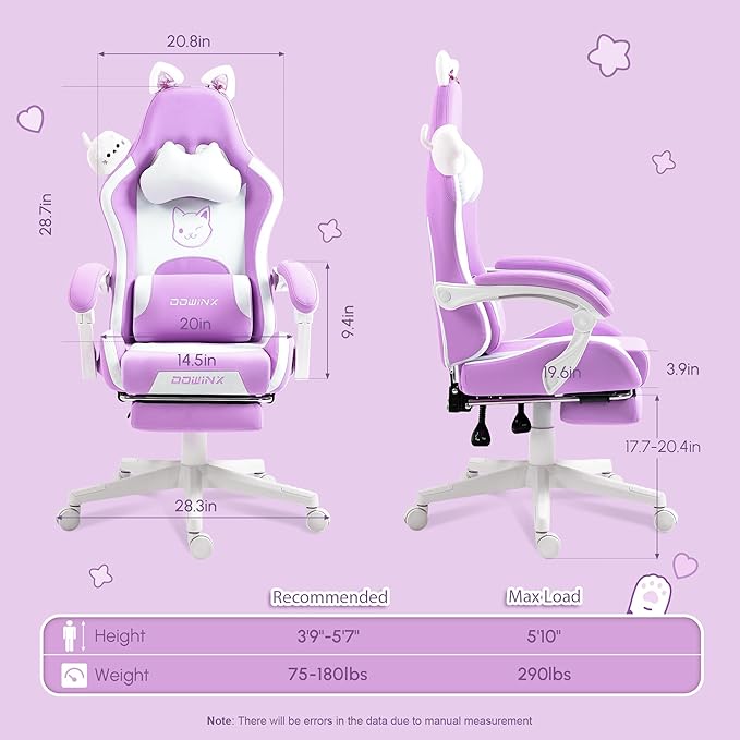 Dowinx Gaming Chair Cute with Cat Ears and Massage Lumbar Support Ergonomic Computer Chair for Girl with Footrest and Headrest Comfortable Reclining Game Chair 290lbs for Adult Teen Purple