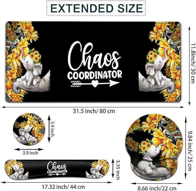 Large Mouse Pad Ergonomic Mouse Pad with Wrist Rest and Keyboard Wrist Rest 4 in 1 Set 31.5 x11.8 inch Extended Desk Pad for Home Office Cute Baby Elephant and Sunflowers Black xxl Gaming Mouse Mat
