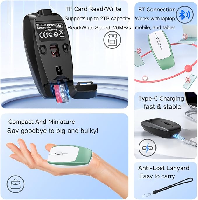 Wireless Mouse Mini Small Finger Bluetooth Mouse with TF Card ReaderSilent Pocket Portable Handheld Tiny Compact USB Travel Optical Mice for PC Laptop Computer Macbook Tablet Kids Women Men Gift