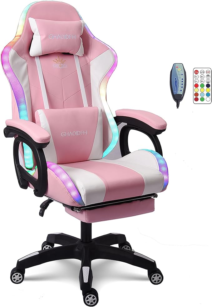Video Gaming Chair with Speaker and RBG LightErgonomic Gaming Chair with Footrest and Massage Function90°-135° Comfortable Computer Reclining ChairAdults Teens Computer Chair.Pink