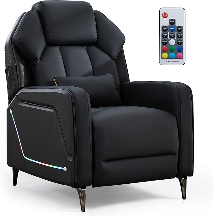 TUNYI Gaming Recliner Chair Racing Style Push-Back Reclining Sofa with Colorful LED Ergonomic Home Theater Seating Video Game Sofa for Gaming Room Living Room (Black)