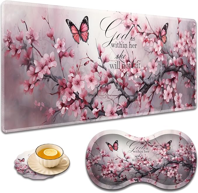 Large Game Mouse Pad + Wrist Support Pad + Coffee Coaster Desk Pad with Sewn Edges Anti-Slip Set pad Suitable for Office Work and Home - Cherry Blossom Butterflies