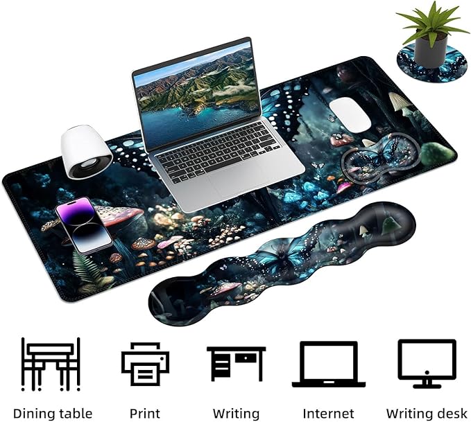 Keyboard Mouse Pad Set Extended Gaming Mouse Pad+Ergonomics Keyboard Wrist Rest Support Memory Foam Easy Typing Pain Relief 4Pcs XL Ultra Thick Desk MatButterfly Mushroom