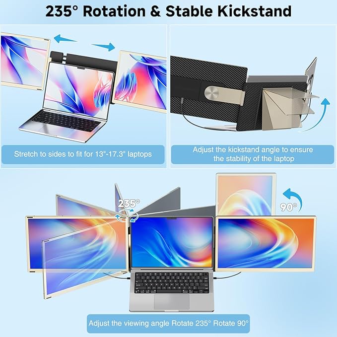 KEFEYA Laptop Screen Extender 15.6 Triple Monitor for Laptops 13-17.3 120% sRGB 235° Rotation Detachable Laptop Monitor Extender for Windows/Mac/Dex/Chrome/Surface H6 Adapter