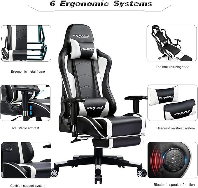 GTPLAYER Gaming Chair with Footrest Speakers Video Game Chair Bluetooth Music Heavy Duty Ergonomic Computer Office Desk Chair