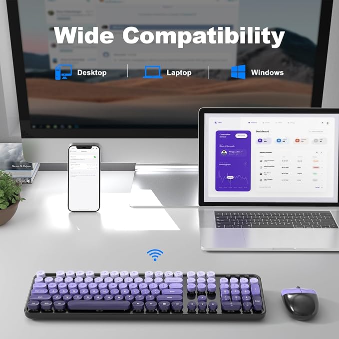 Wireless Keyboard and Mouse Combo MOWUX Colorful Computer Full Size 2.4G Plug and Play Wireless Typewriter Keyboard and Mouse Set for Computer Desktop PC (Black&amp Purple Gradient)