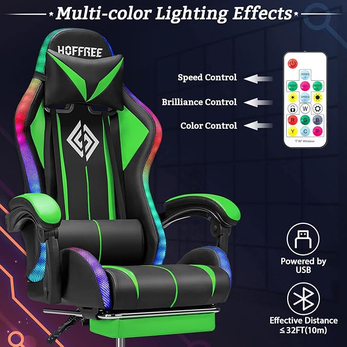 Gaming Chair Massage with Bluetooth Speakers and Lights Ergonomic Computer Game Chair with Footrest LED RGB Lights High Back Music Video Game Chair with Lumbar Support Green and Black