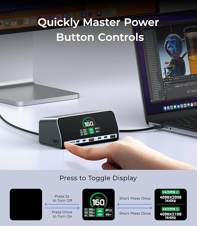 RayCue USB C Docking Station 13-Port Dual 4K Display Laptop Docking Station with 160w Max USB-C Output 2.26''LCD Smart Display 10Gbps USB A/C PortsEthernet Ports for macOS and Windows
