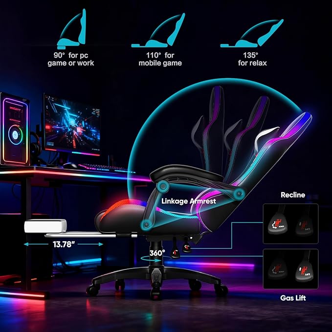 Gaming Chair RGB LED Lights Computer Chair with Footrest Lumbar Support Massager Gamer Chair High Back 90-135° Reclining Linkage Armrests White