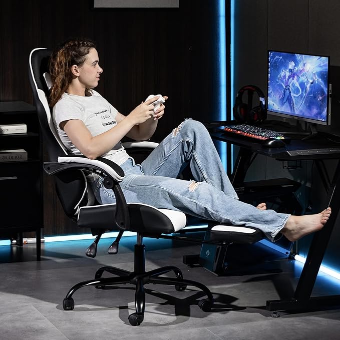 Gaming Chair with Footrest for Adults - PU Leather Video Game Chair w/Massage Lumbar Support for Men Women Ernogomic Computer Gamer Chair for Home Office Height Adjustable White