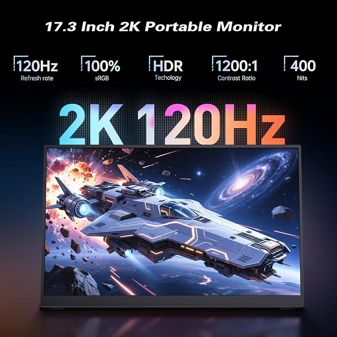 Portable Monitor 2K 120Hz 17.3'' QHD 2560x1440P 100% DCI-P3 Ultra Slim Travel Gaming Monitor with Kickstand USB-C HDMI HDR External Screen for Laptop PC Mac Xbox Switch PS5/4