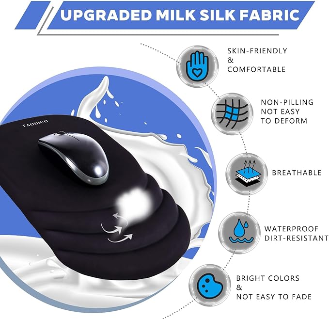 Ergonomic Mouse Pad with Wrist Rest Milk Silk Fabric Durable Silicone Filling Non-Slip Pu Base Massage Design Pain Relief Mousepad for Wireless Mouse and Desk 12x8inch Black