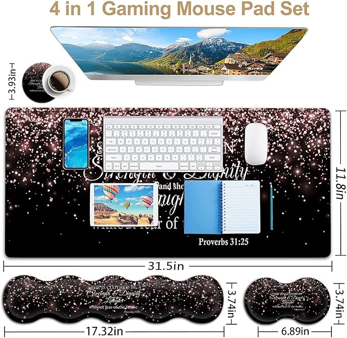 Large Mouse PadErgonomic Mouse Wrist Support+Keyboard Wrist Rest Set+Extended Gaming Mouse Pad Proverbs 31:25 Bible Rose Gold Office Desk Mat Writing Mat Laptop Protector Accessories Black Desk Pad