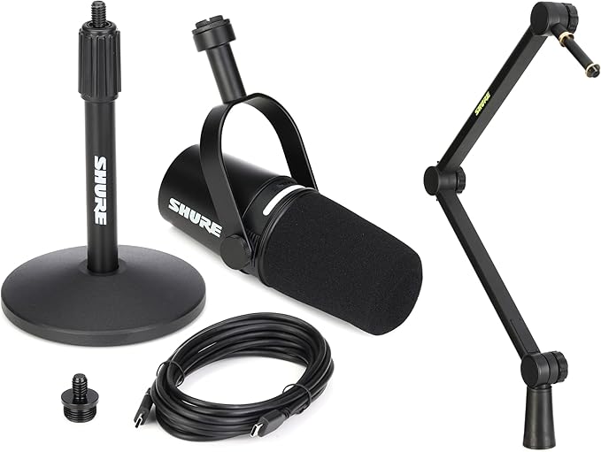 Shure MV7+ Hybrid Podcast Microphone with Adjustable Boom Arm Stand - USB &amp XLR Connectivity for Streaming Recording and Podcasting