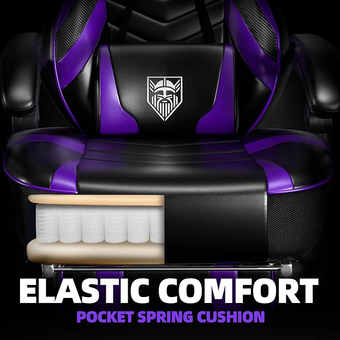 Vonesse Gaming Chair Big and Tall Gaming Chair with Footrest and Massage Gaming Chairs for Adults with Lumbar Support Ergonomic High Back Computer Chair with Pocket Spring Cushion (Purple/Black)