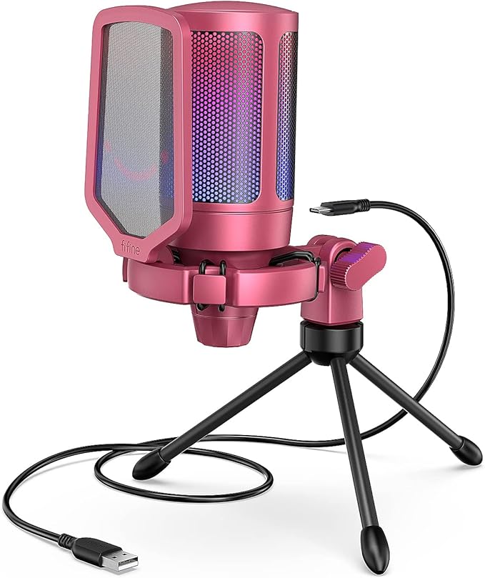 FIFINE AmpliGame PC Gaming Streaming USB Microphone RGB Desktop Microphone for Computer/Mac/PS4/PS5 Podcast Recording TikTok Game Chat Condenser Mic with Pop Filter Shock Mount - Red