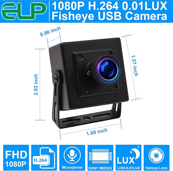 ELP Sony IMX323 Sensor Wide Angle Low Light Mini USB Camera Module with Metal Case HD 1080P 170degree Fisheye Webcam for Computer H.264 UVC USB2.0 Home Surveillance PC Camera for Laptop