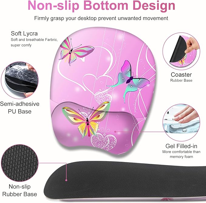 Mouse Pad with Wrist Support 4 in1 Set XXL Big Game Mousepad + Keyboard Wrist Rest + Mouse Wrist Rest Pad +Coaster Gaming Mat for Work Study Home Office I Gradient Pink Butterfly Flower