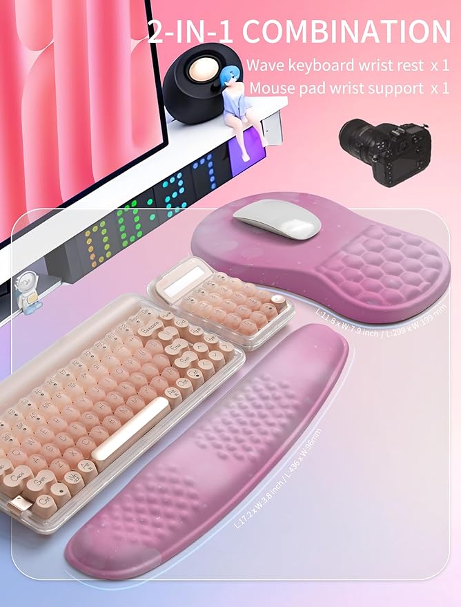 Hokafenle 2in1 Combination Wave Keyboard Wrist Rest and Ergonomic Curvature Mouse Pad Wrist Support for Relieve Wrist Pain Filled with Soft Cushion Memory Foam Romantic Pink