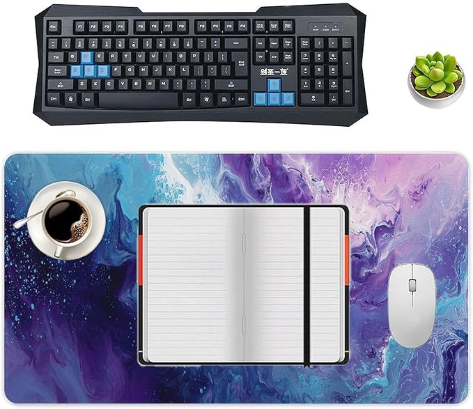 Blue Purple Marble Gaming Mouse Pad Non-Slip Rubber Base XXL Mousepad with Stitched EdgesWaterproof Washable Mouse Mat for Desk Home Office Gaming 29.5x16