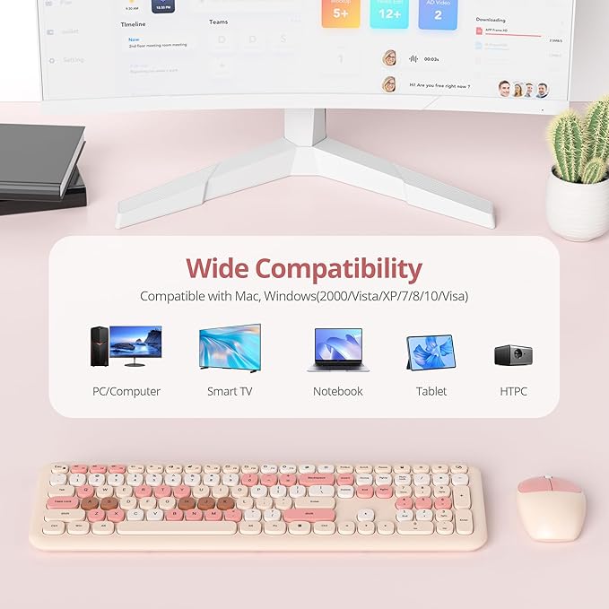 Surmen Cute Colorful Beige Keyboard and Mouse Wireless Silent Full-Size Retro Typewriter Wireless Quiet Slim Keyboard Low-Noise 2.4GHz for Computer Desktop Laptop(Beige)