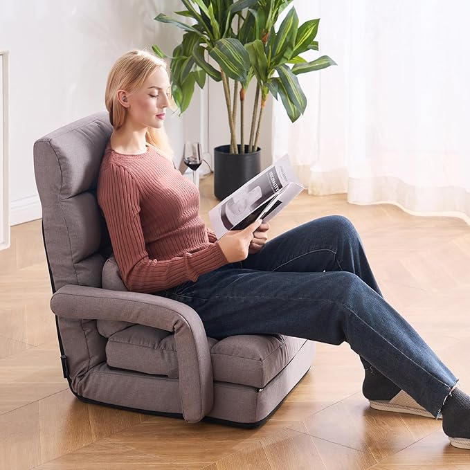 VEVOR Floor Chair Floor Gaming Chair with 5 Adjustable Position and Back Support Folding Sofa Chair with Armrest for Adults Sofa Lounger Bed with Back Cushion for Living Room and Bedroom Gray