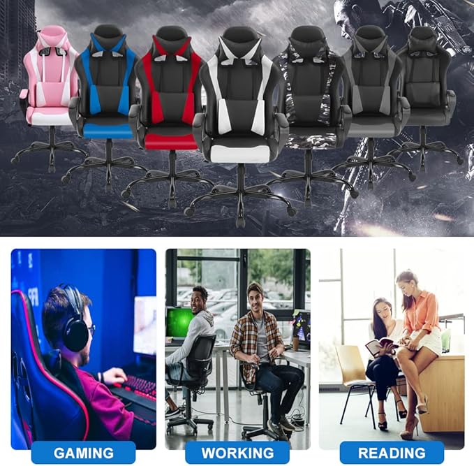 Ergonomic Gaming Chair High Back PU Leather Office Chair with Adjustable Lumbar Support &amp Headrest – Swivel Computer Desk Chair for Adults Teens Kids – Heavy Duty Executive Red Game Chair - Blu