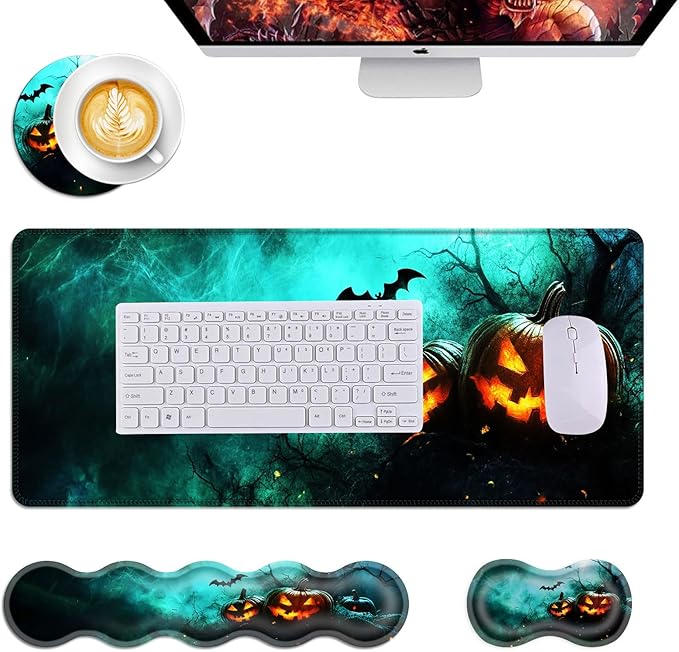Mouse PadLarge Desk Mat Set 4in1 XL Mousepad + Keyboard Wrist Rest+Mouse Wrist Rest+Coaster with Ergonomic Desk Pad for Home Office Table Computer Cover -Halloween Pumpkins and Bat