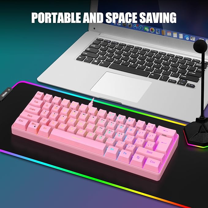 RedThunder 60% Gaming Keyboard and Mouse Combo Ultra-Compact 61 Keys RGB Backlit Mini Keyboard Lightweight 7200 DPI Honeycomb Optical Mouse RGB Wired Gaming Set for PC MAC PS5 Xbox Gamer(Pink)