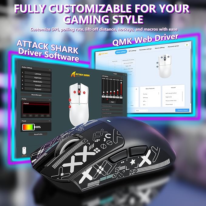 MAMBASNAKE Attack Shark X11SE Lightweight Wireless Gaming Mouse Tri-Mode 2.4G/USB-C Wired/BT 22K DPI PAW3311 Optical Sensor 59g 5 Programmable Buttons 300mAh Battery for PC/Mac(Black-Griptape)